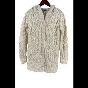Aran Craft Merino Wool Long Button Front Cardigan w/ Hood White - Regular